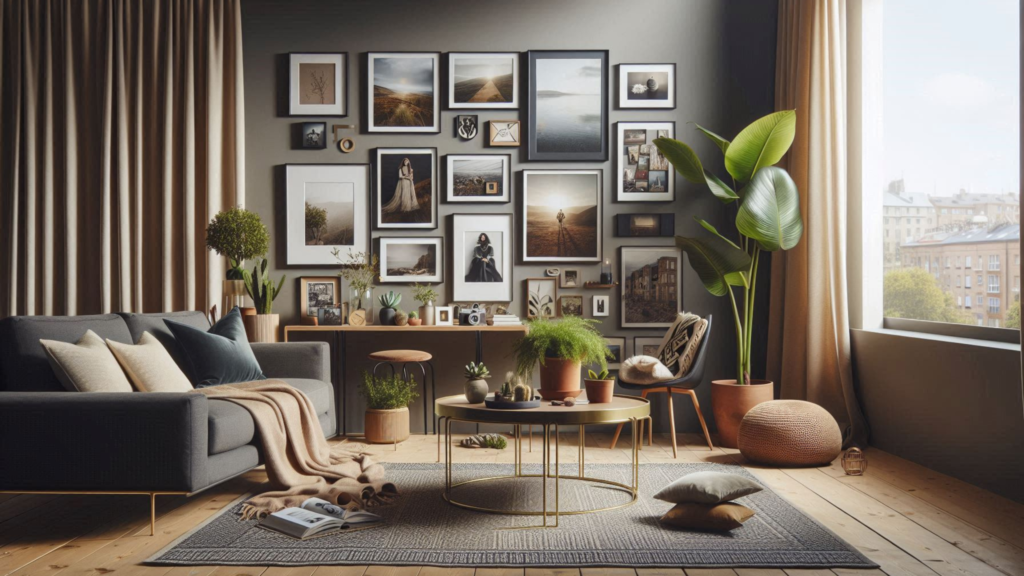 living room with personal photos and souvenirs
